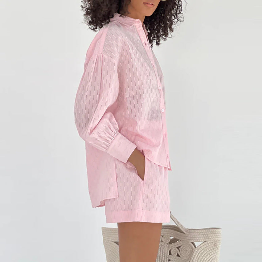 Damen luftiges Oberteil und Shorts Set mit feiner Struktur Drune