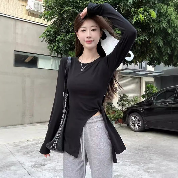 Damen Langarmshirt mit seitlichen Schlitzen und modischem Rundhalsausschnitt Drune