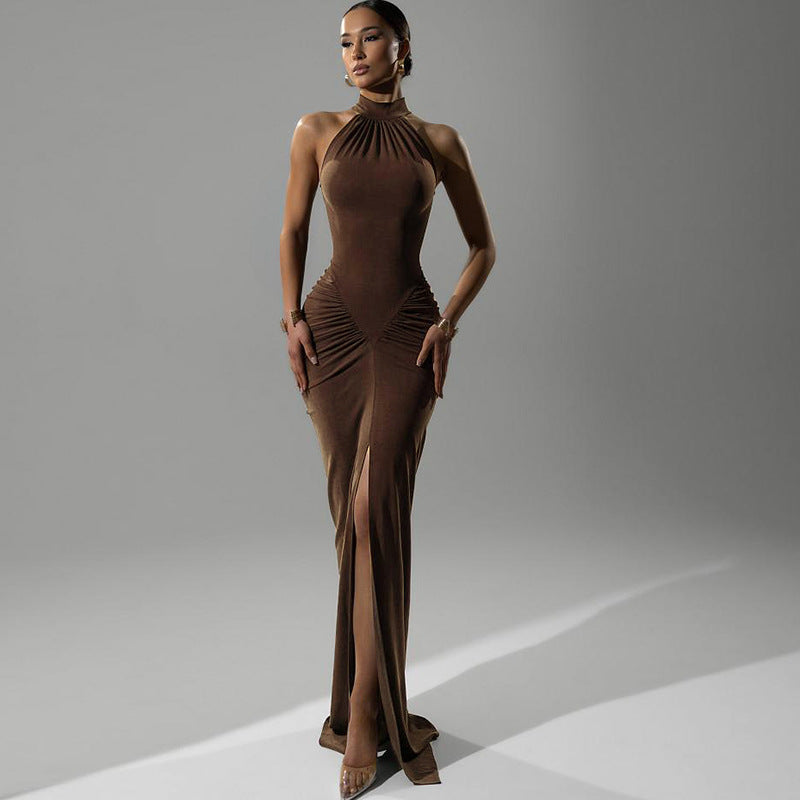 Damen Elegantes Langkleid mit Choker-Ausschnitt und Raffungen Drune
