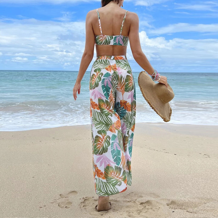 Damen Badeset mit floralem Design und lockeren Palazzohosen Drune