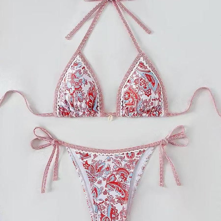 Damen Triangel-Bikini mit floralem Muster und verstellbaren Bindebändern Drune