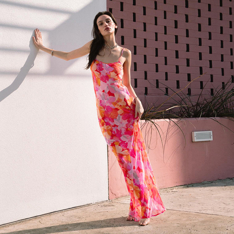 Damen Maxikleid mit floralem Muster und schmalen Spaghetti-Trägern Drune