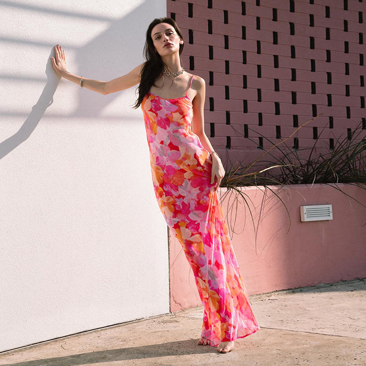 Damen Maxikleid mit floralem Muster und schmalen Spaghetti-Trägern Drune