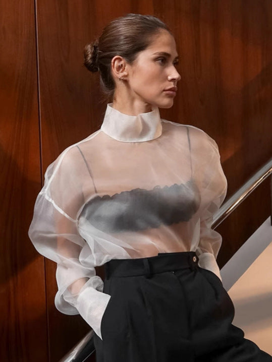 Damen Transparente Chiffonbluse mit hohem Kragen und eleganten Puffärmeln Drune