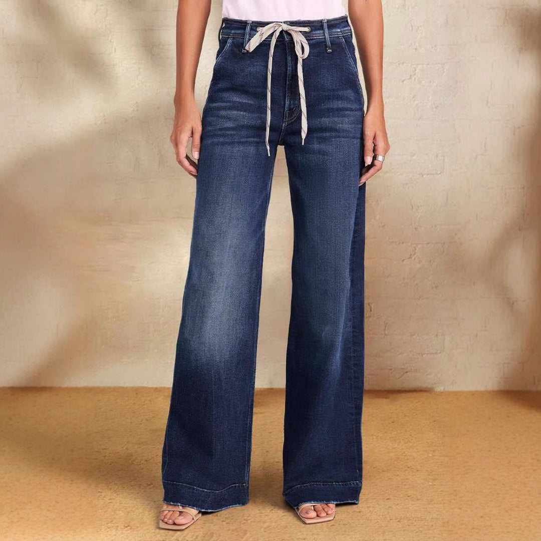 Damen Weit geschnittene Jeans mit modischem Kordelzug und elastischem Bund Drune