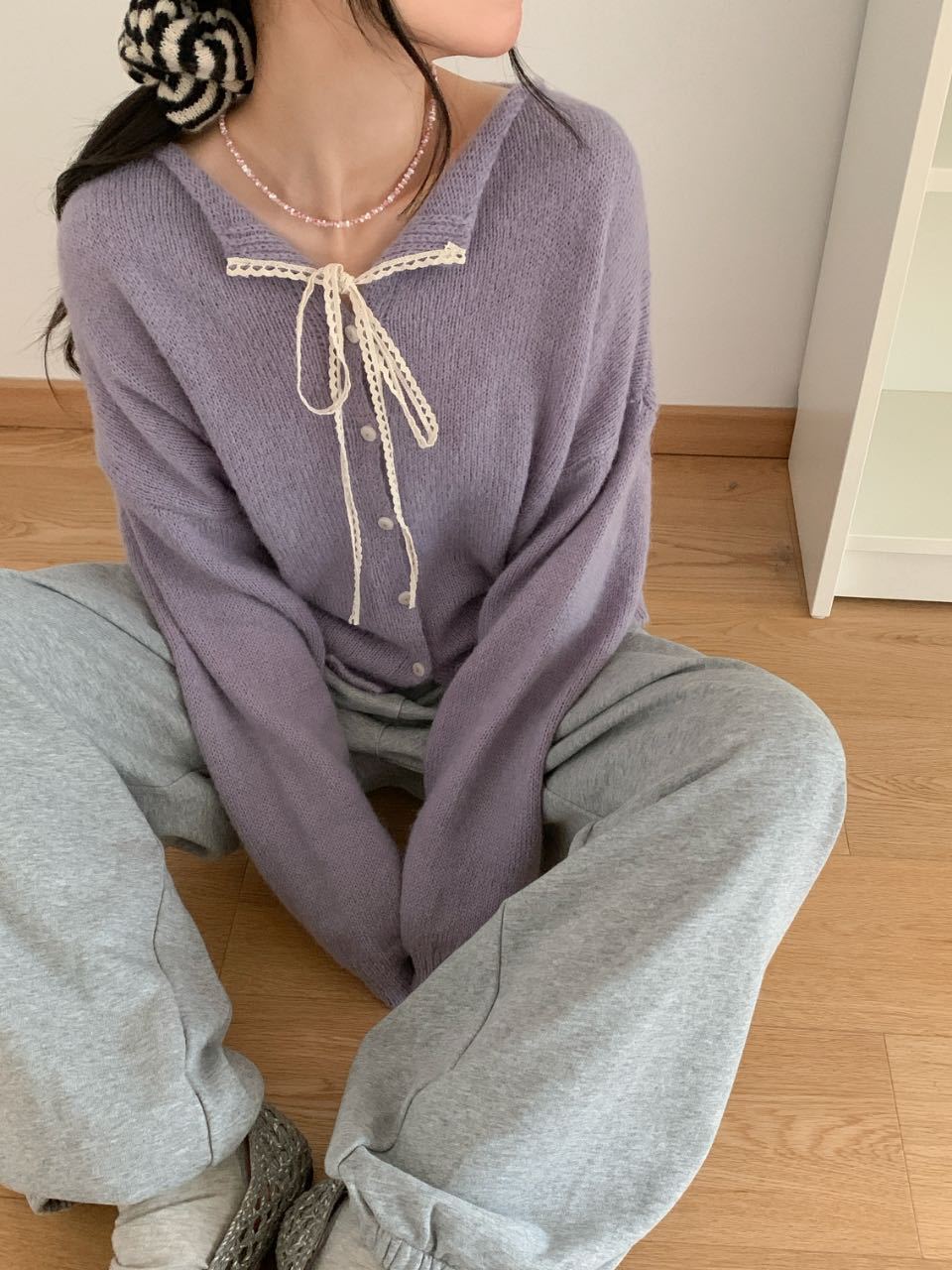 Damen lässiger Strickcardigan mit Kordelzug und feiner Struktur Drune