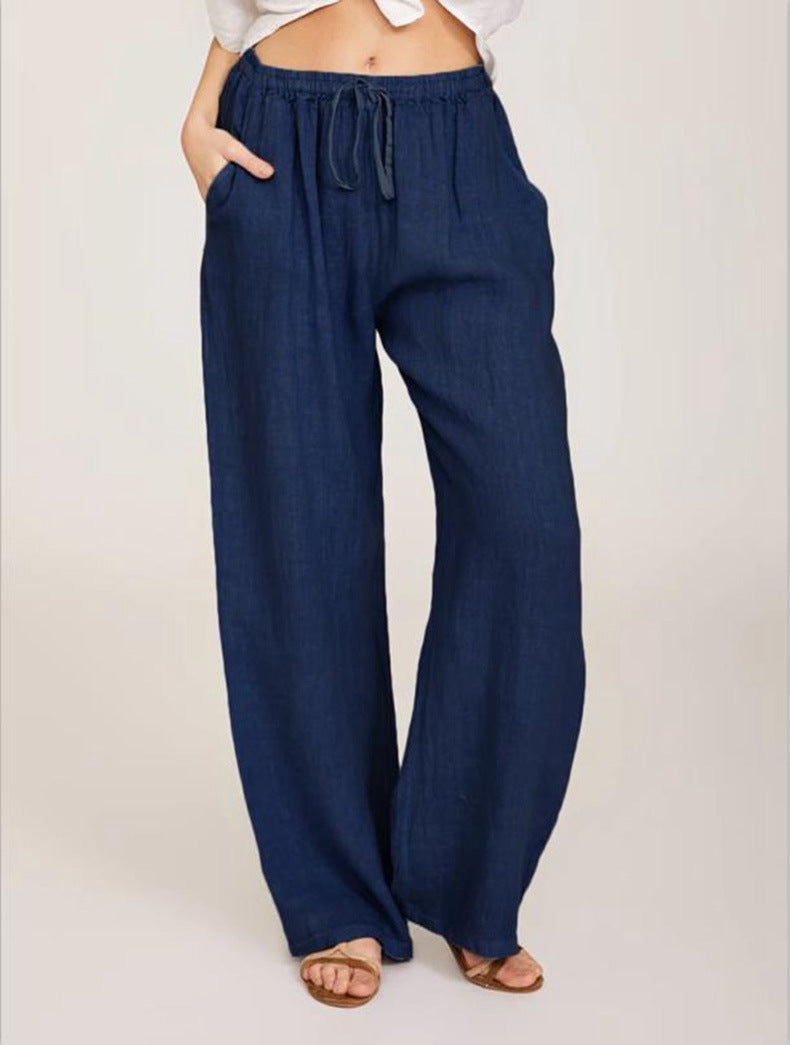 Damen lässige Leinenhose mit weitem Bein und elastischem Bund Drune