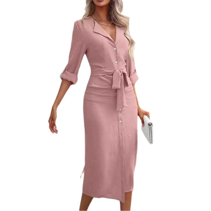 Damen Knielanges Kleid mit Knopfverschluss und Taillengürtel Drune