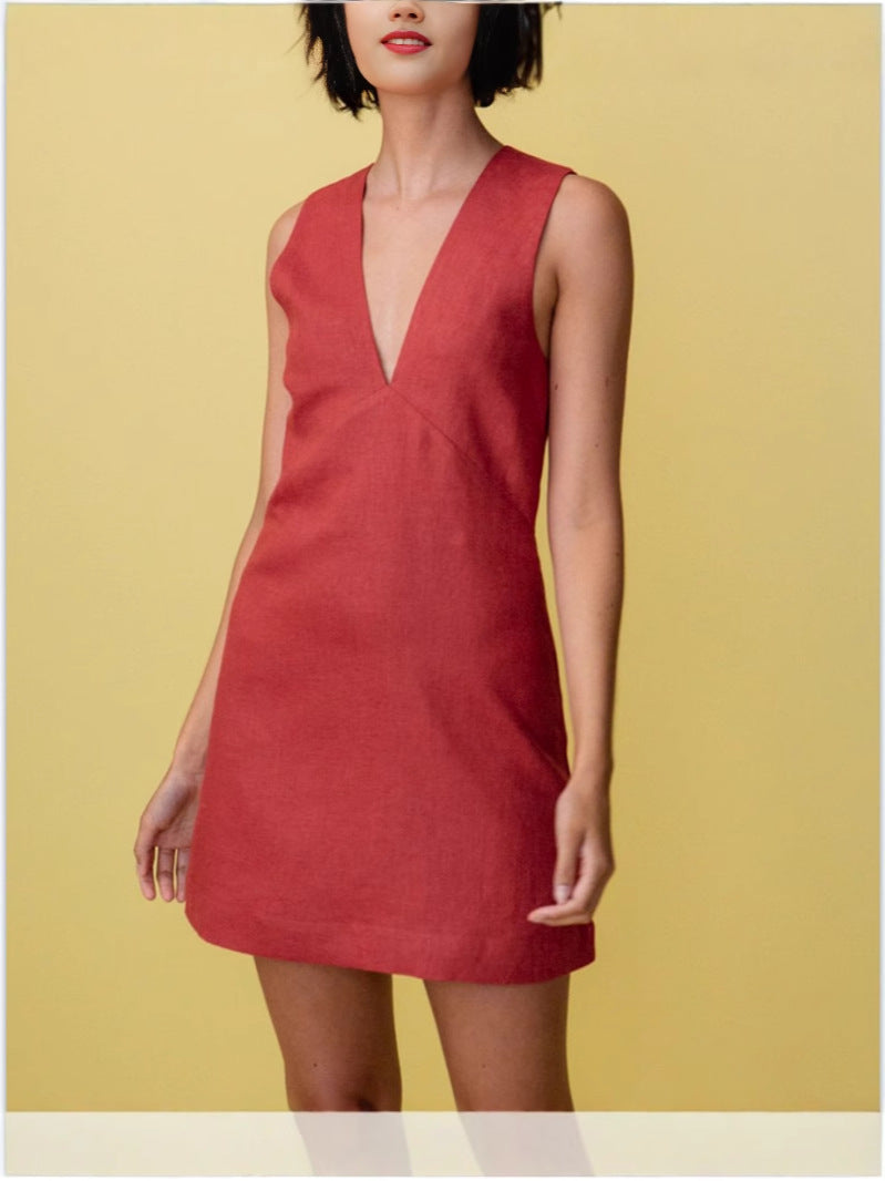 Damen leichtes Leinenkleid mit tiefem V-Ausschnitt und ärmellosem Design Drune