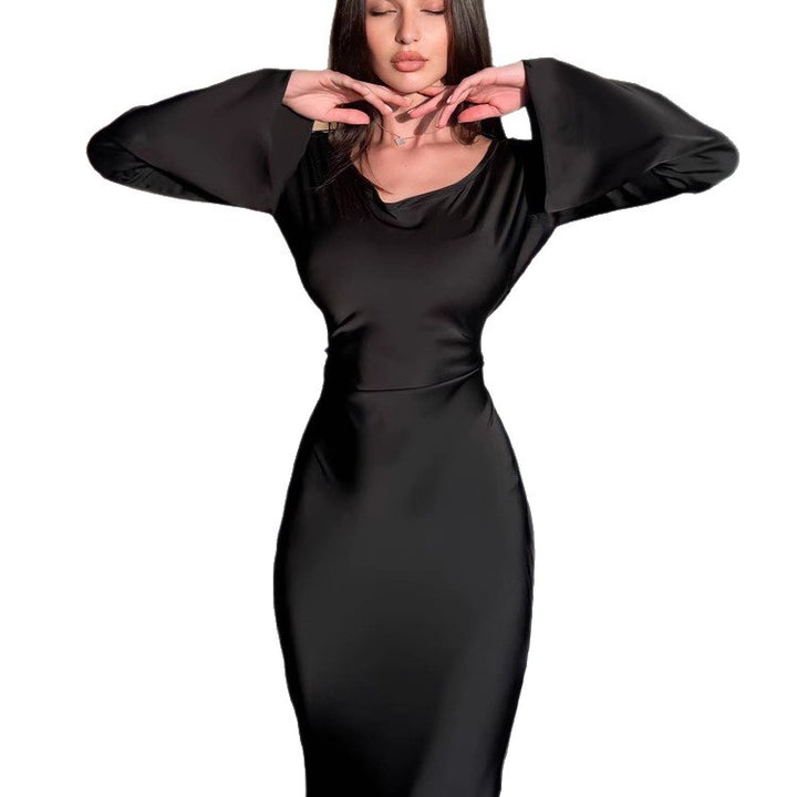Damen elegantes langärmliges Satin-Maxi-Kleid mit weiten Ärmeln Drune