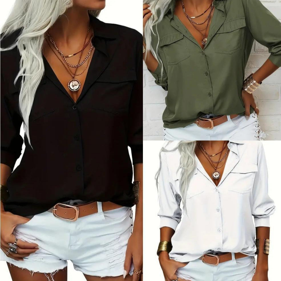 Damen nan leichte V-Ausschnitt Chiffonbluse mit Brusttaschen und geknöpftem Frontverschluss Drune