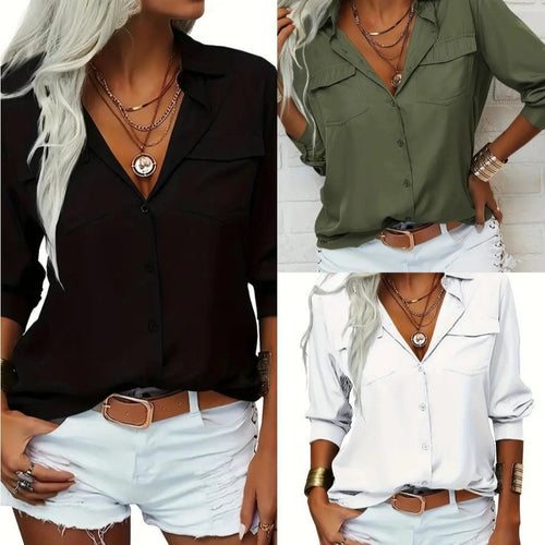 Damen nan leichte V-Ausschnitt Chiffonbluse mit Brusttaschen und geknöpftem Frontverschluss Drune