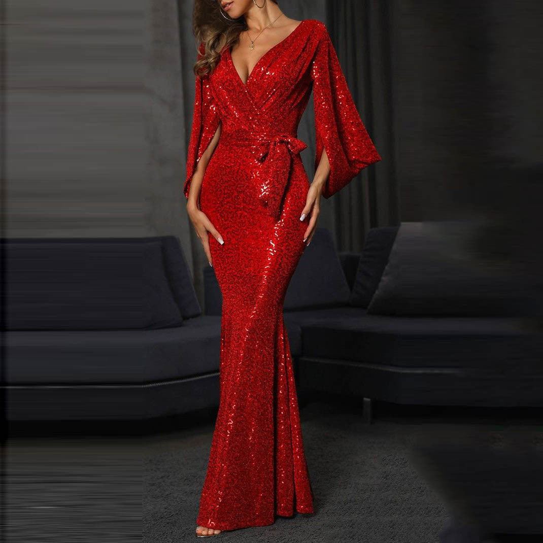 Damen glamouröses Pailletten-Abendkleid mit tiefem V-Ausschnitt und eleganten langen Ärmeln Drune