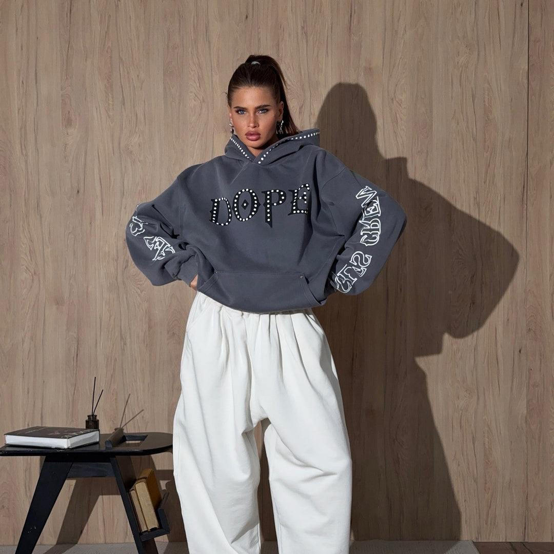 Damen Oversized Hoodie mit auffälliger Steine-Verzierung und kreativen Ärmeldrucken Drune