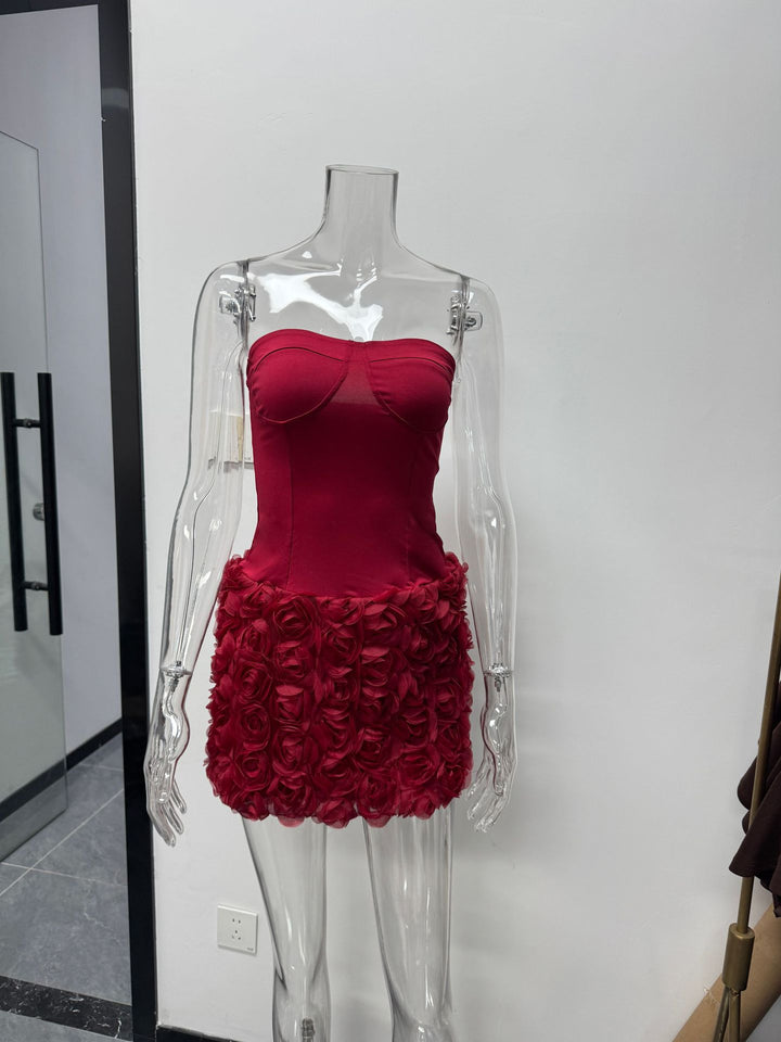 Damen Sexy Minikleid mit Blumenapplikationen und herzförmigem Ausschnitt Drune