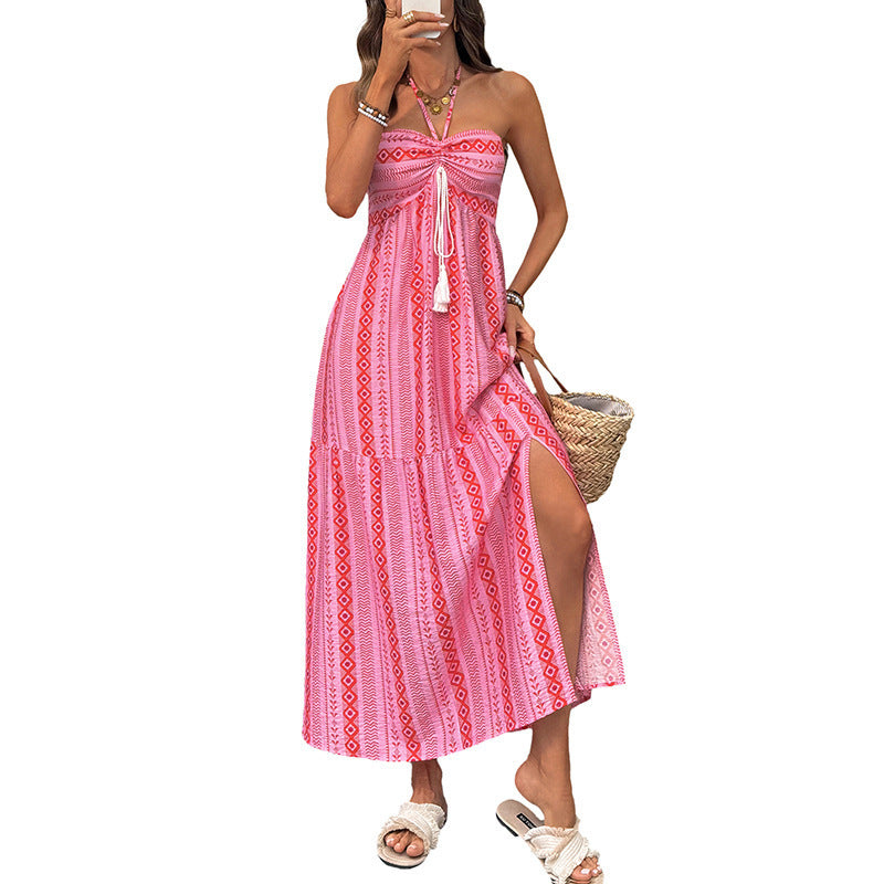 Damen Maxi-Strandkleid mit elastischem Oberteil und verspieltem Muster Drune