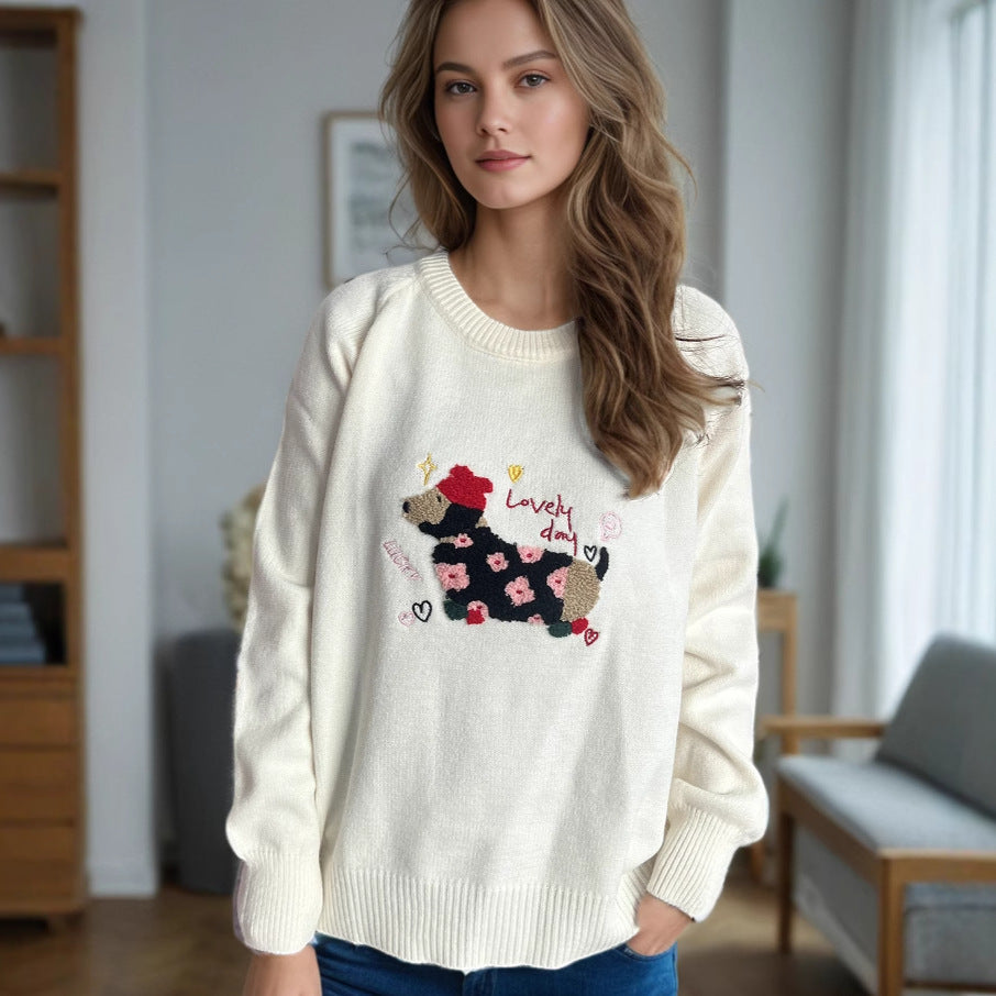 Damen Pullover mit tierischem Motiv und dekorativen Stickereien Drune
