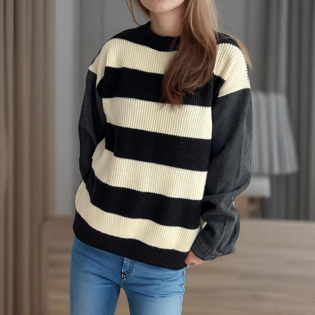 Damen lässiger Strickpullover mit auffälligem Blockstreifenmuster und weiten Ärmeln Drune