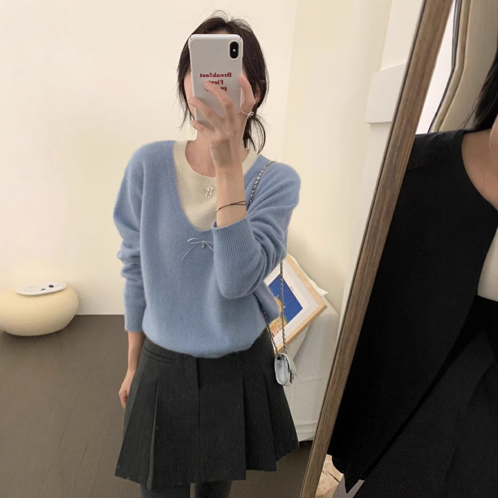 Damen Pullover mit elegantem V-Ausschnitt und edler Schleifenapplikation Drune
