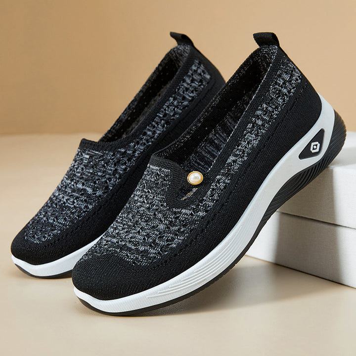 Damen nan atmungsaktive gestrickte Slip-On Slipper mit Perlenapplikation und stoßdämpfender EVA-Sohle Drune