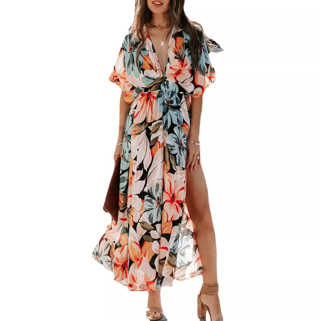 Damen Maxikleid mit floralem Wickeldesign und tiefem V-Ausschnitt Drune
