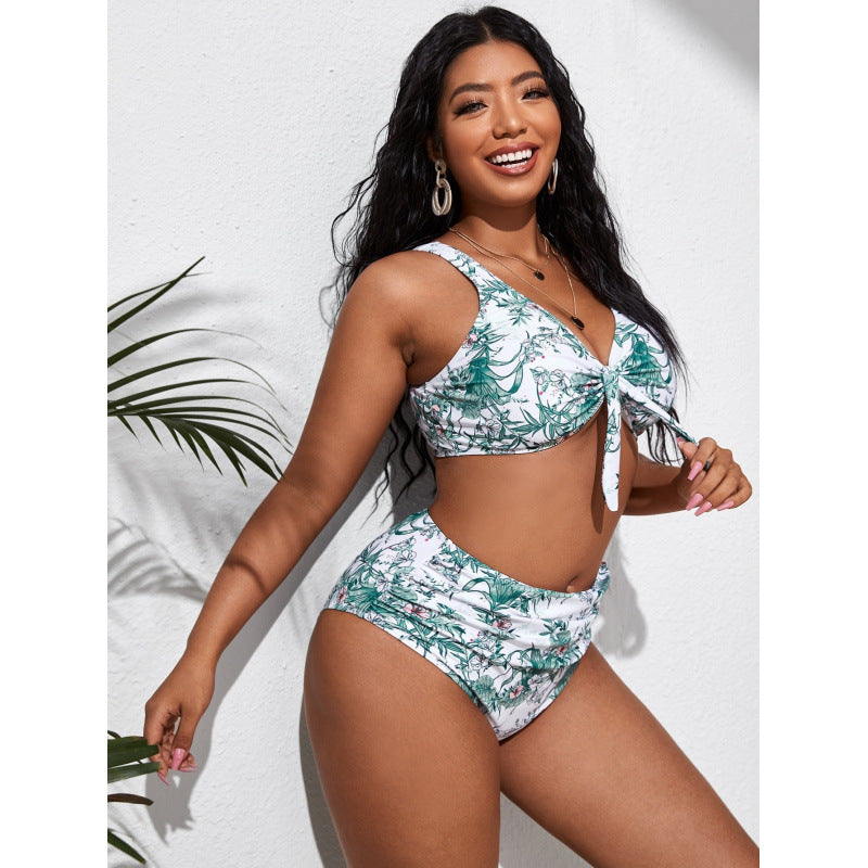 Damen Hochgeschnittener Bikini mit modischem Wickeloberteil und floralem Muster Drune