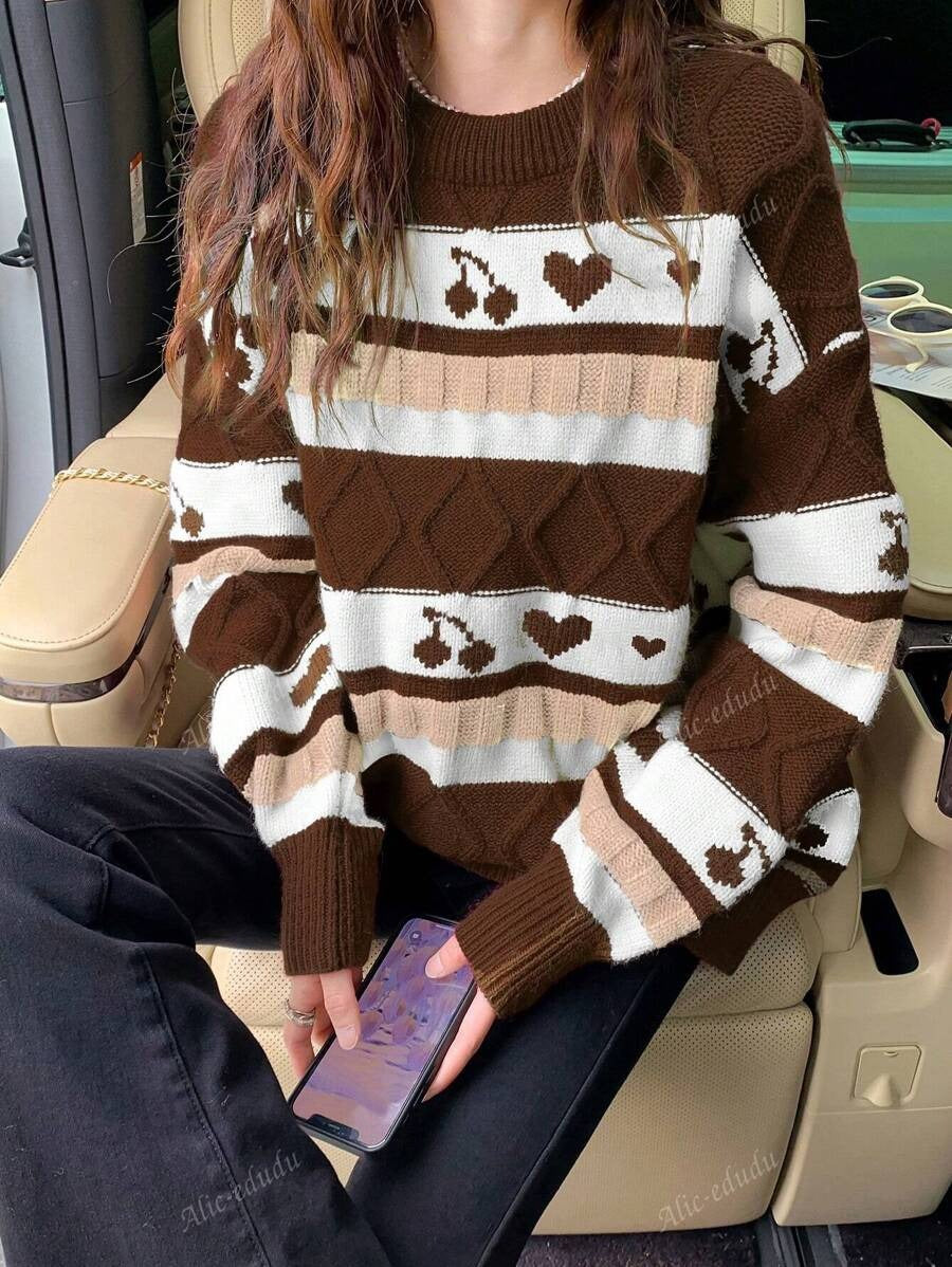 Damen Grobstrickpullover mit kreativem Herz- und Fruchtmuster Drune