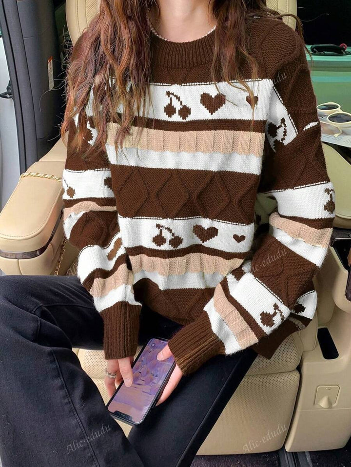 Damen Grobstrickpullover mit kreativem Herz- und Fruchtmuster Drune