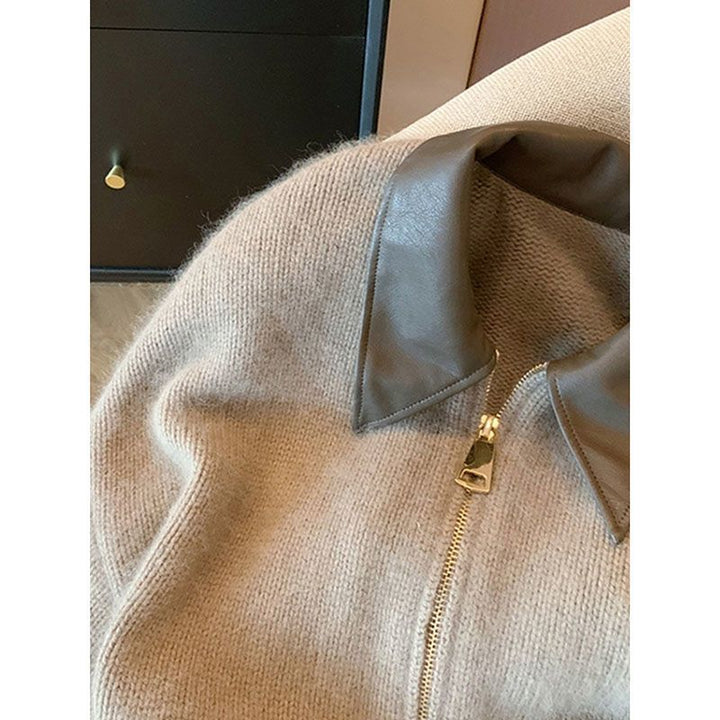 Damen Modische Cropped Jacke mit Lederkragen Drune