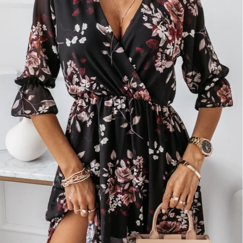 Damen elegantes Maxikleid mit animalischen Mustern und modischem Schlitz Drune
