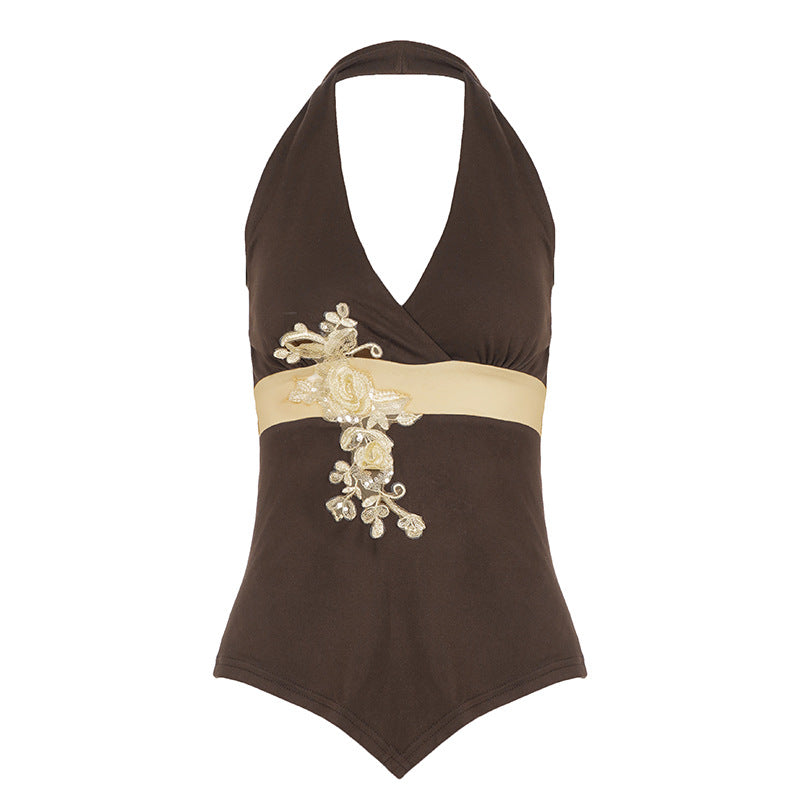 Damen eleganter Halter-Badeanzug mit luxuriösen Stickereien Drune