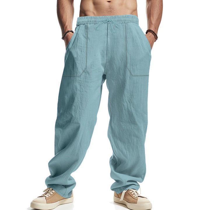 Herren nan lockere Leinenhose mit elastischem Bund, Tunnelzug und großen Eingrifftaschen Drune