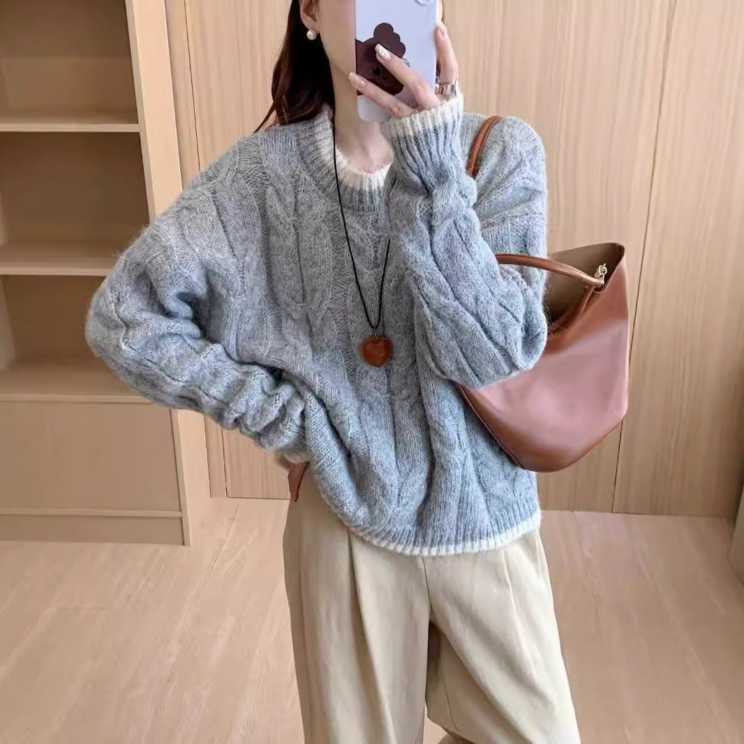 Damen Grob gestrickter Pullover mit Zopfmuster und Rundhalsausschnitt Drune