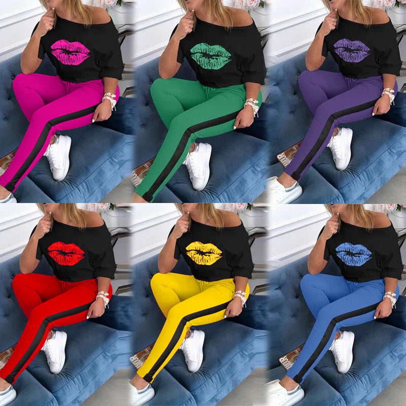 Damen Modisches Sweatshirt mit Lippenmotiv und sportlicher Leggings Drune