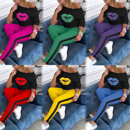 Damen Modisches Sweatshirt mit Lippenmotiv und sportlicher Leggings Drune