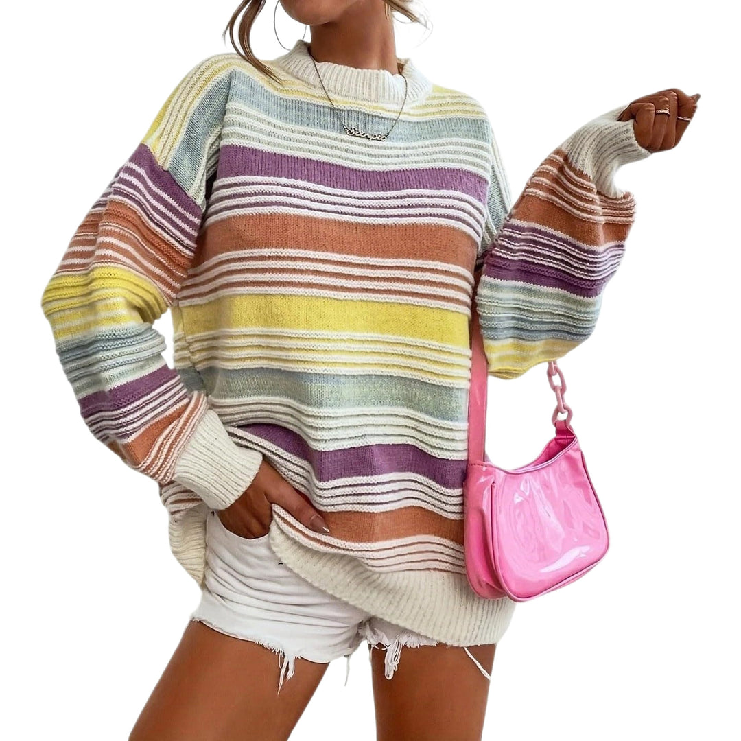 Damen gestreifter Oversize-Pullover mit Rundhalsausschnitt und lässiger Passform Drune