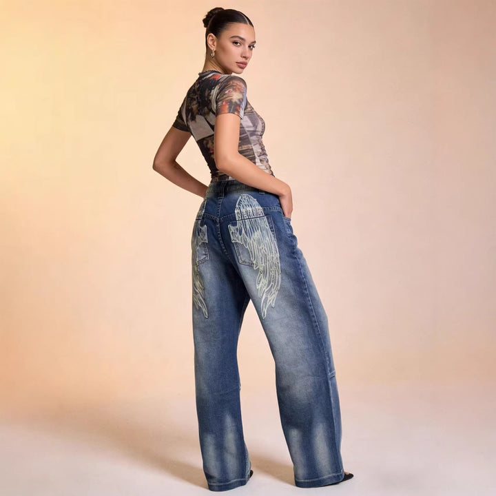 Damen Schlagjeans mit weitem Bein und modischen Waschungseffekten Drune