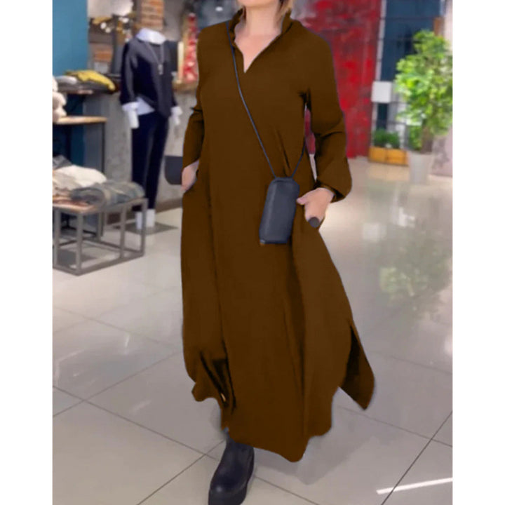 Damen lässiges Maxikleid mit modernem Hemdblusen-Design und praktischen Seitentaschen Drune