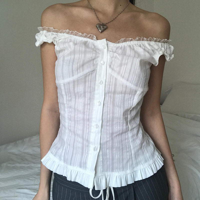 Damen Off-Shoulder Bluse mit Rüschensaum Drune