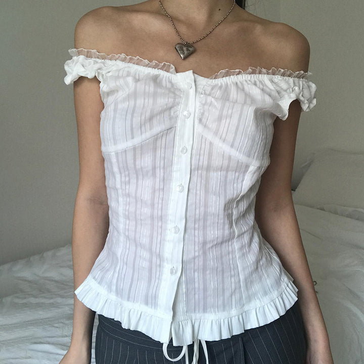 Damen Off-Shoulder Bluse mit Rüschensaum Drune