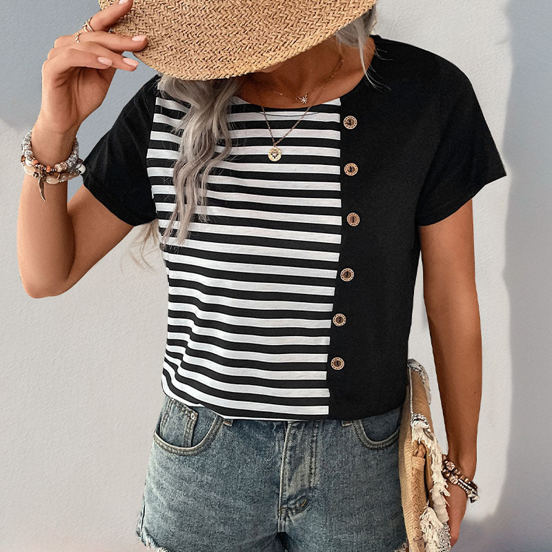 Damen gestreiftes T-Shirt mit Knopfdetails Drune