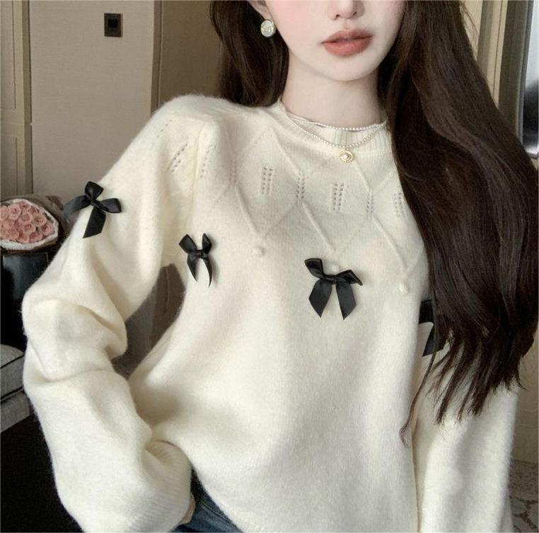 Damen gemütlicher Pullover mit verspielten Schleifenapplikationen Drune