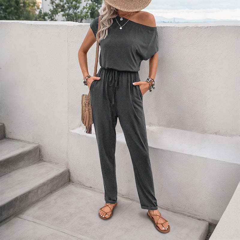 Damen lässiger Einteiler mit off-Shoulder Design und elastischem Taillenzug Drune