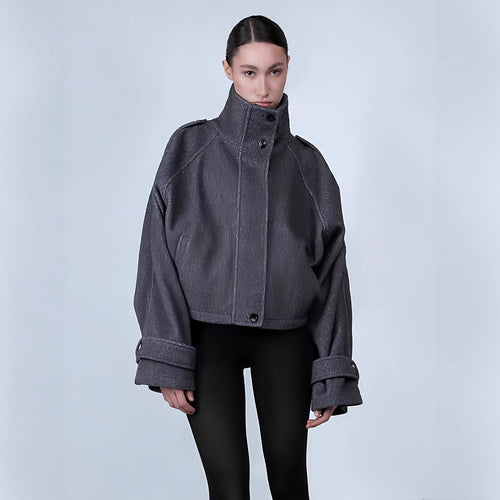 Damen Modische oversized Jacke mit hohem Kragen und dekorativen Knopfdetails Drune