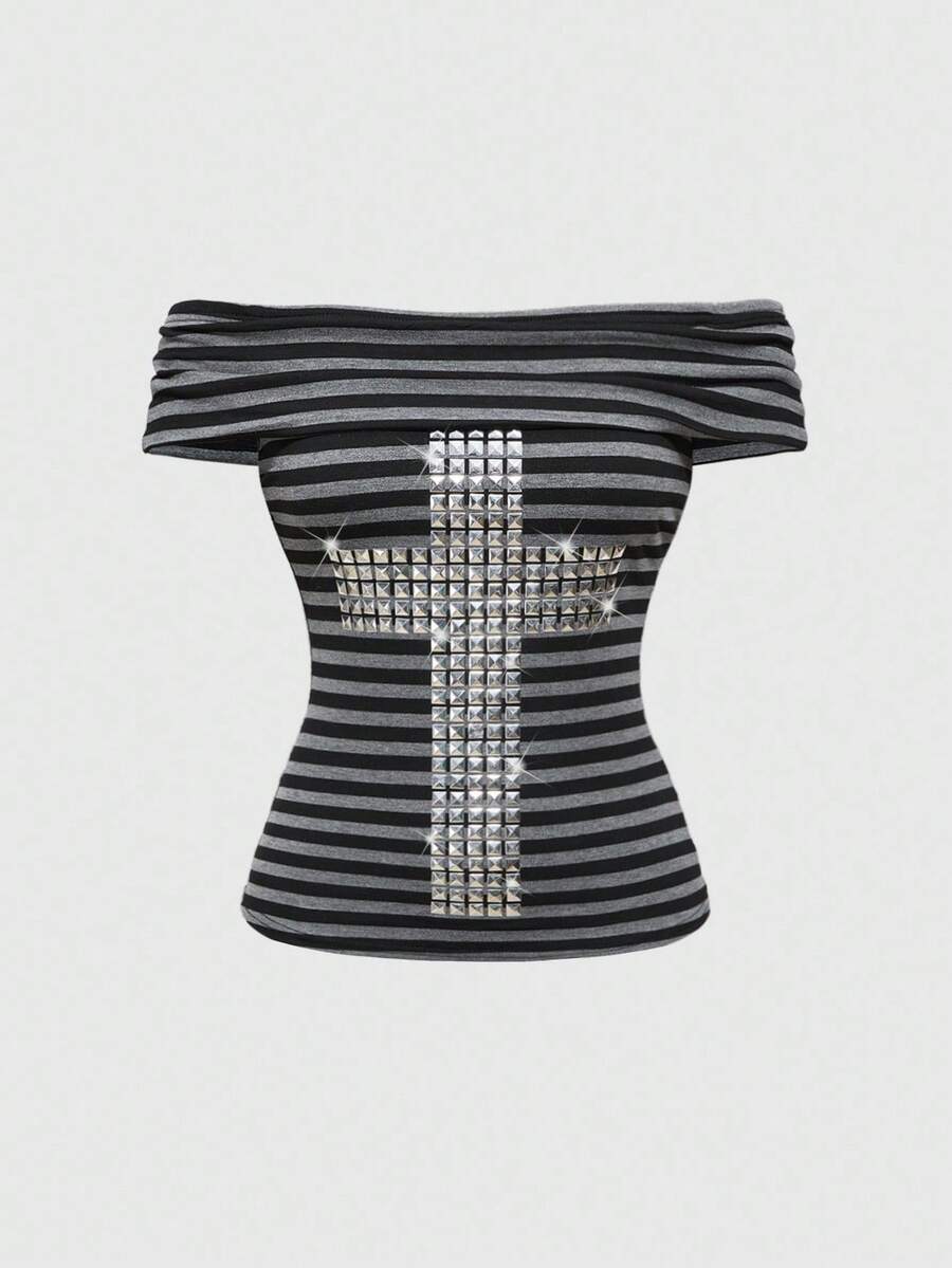 Damen Off-Shoulder Top mit glamourösen Strassdetails Drune