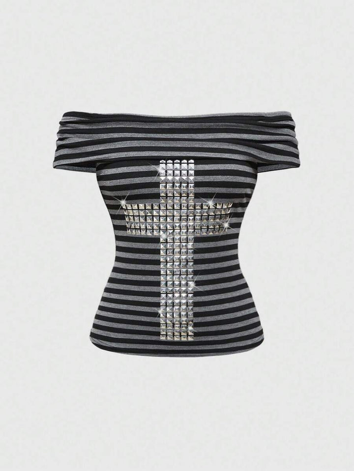 Damen Off-Shoulder Top mit glamourösen Strassdetails Drune