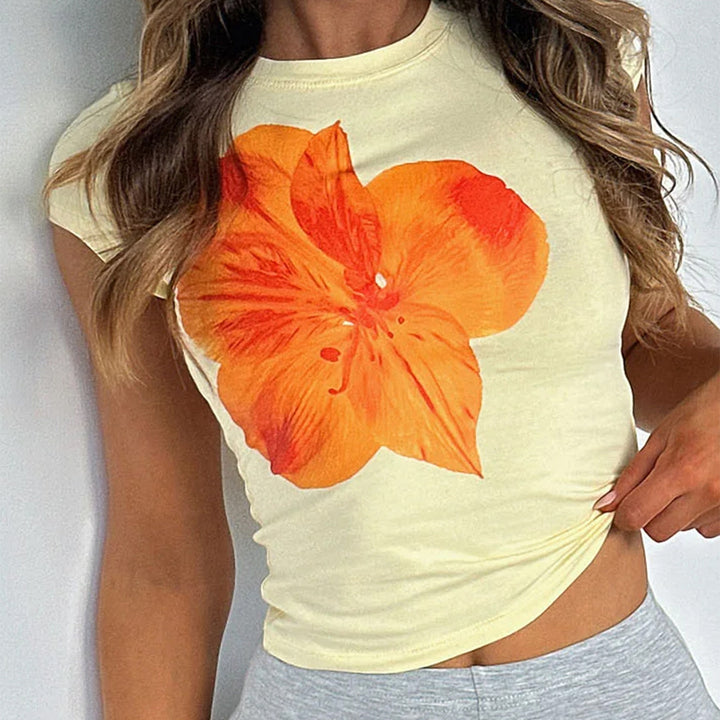 Damen T-Shirt mit floralem Druck und kurzem Schnitt Drune
