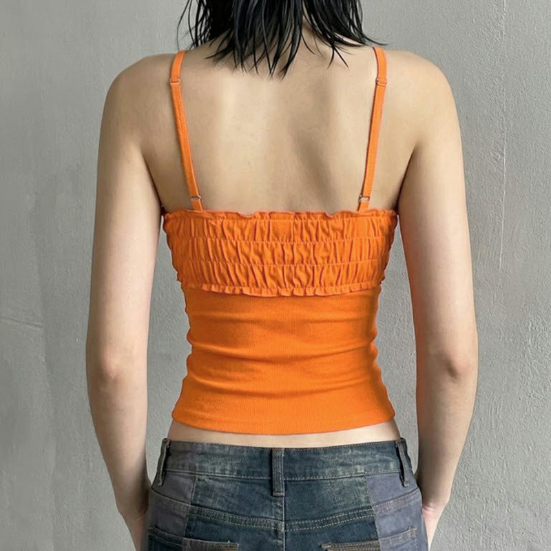 Damen Spitzen-Crop-Top mit dekorativem Rüschen und Knopfdetails Drune