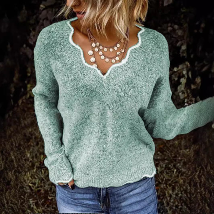 Damen weicher Strickpulli mit V-Ausschnitt und welligem Saum Drune