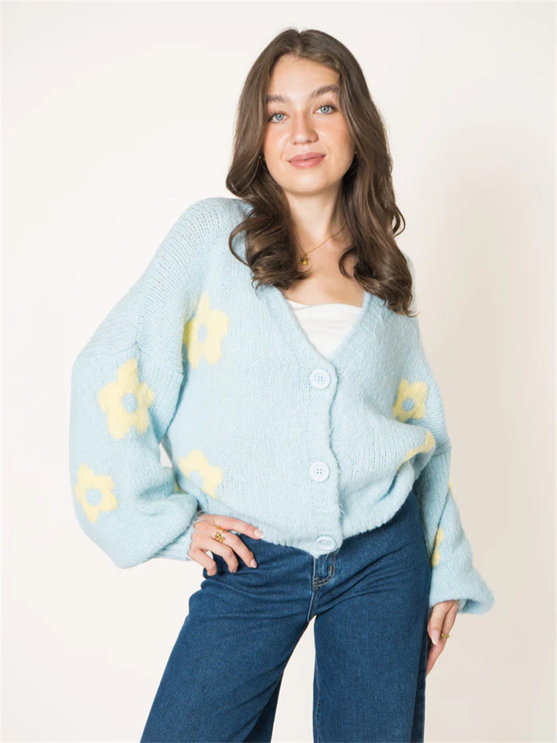 Damen Strickjacke mit floralem Muster und voluminösen Ärmeln Drune